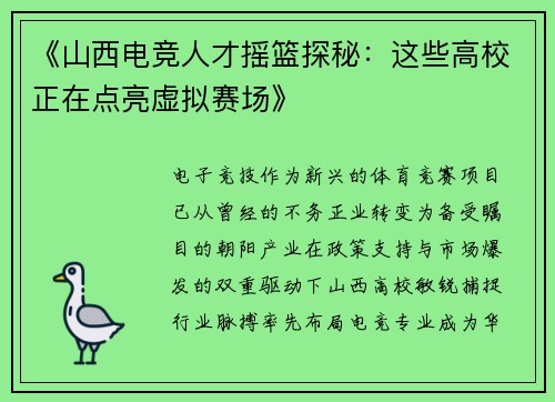 《山西电竞人才摇篮探秘：这些高校正在点亮虚拟赛场》