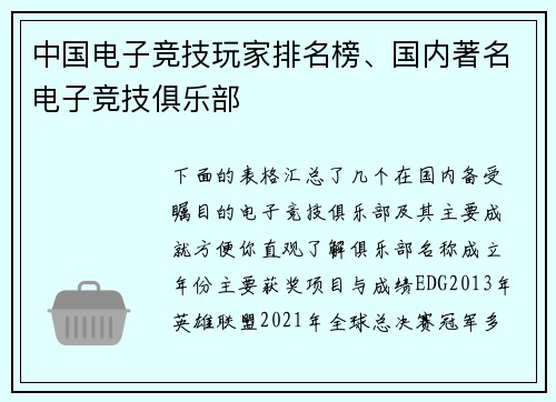 中国电子竞技玩家排名榜、国内著名电子竞技俱乐部